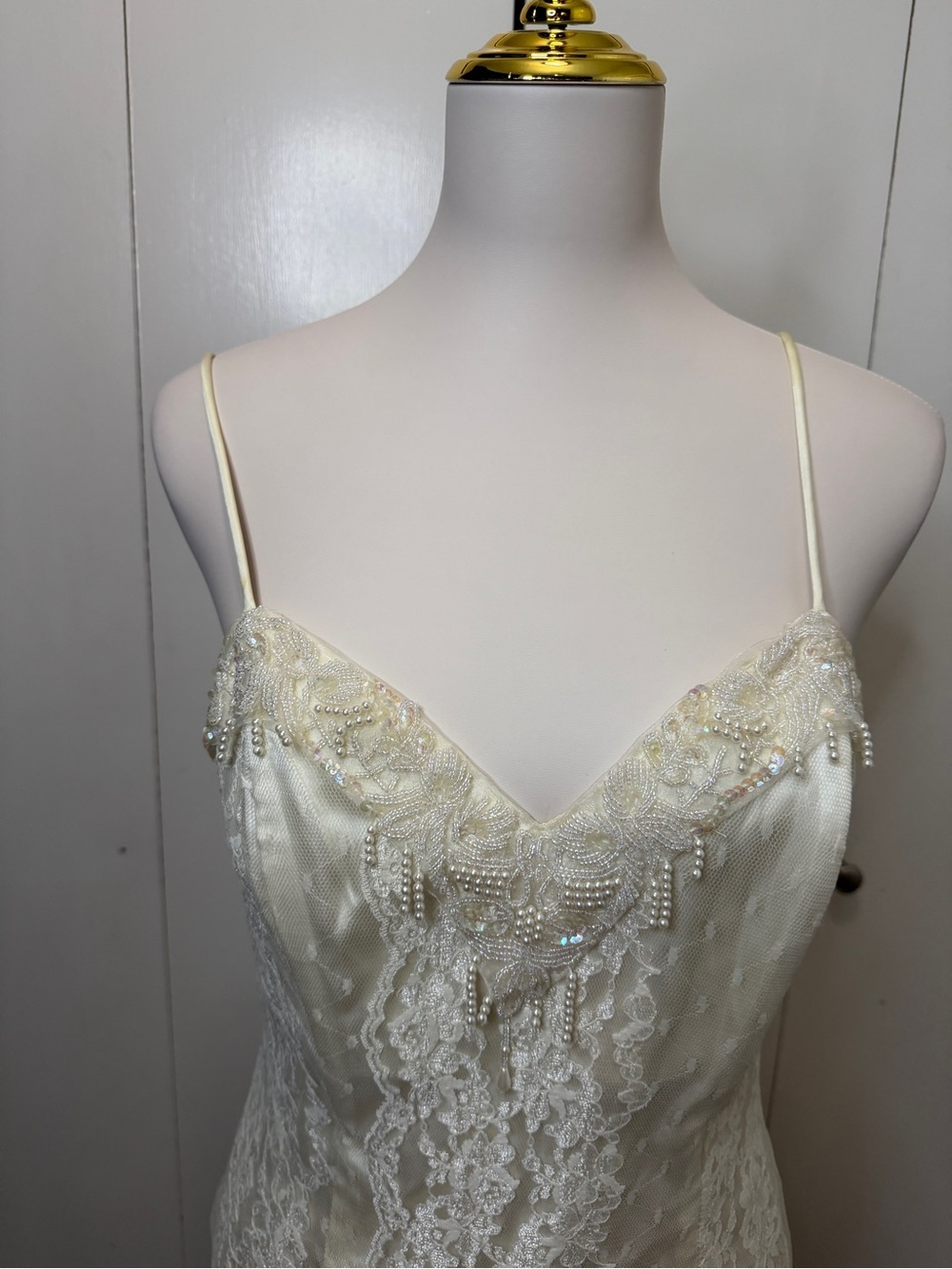 Ivory Lace-Front Midi Slip Dress with Delicate Straps - Picture 6 of 11
